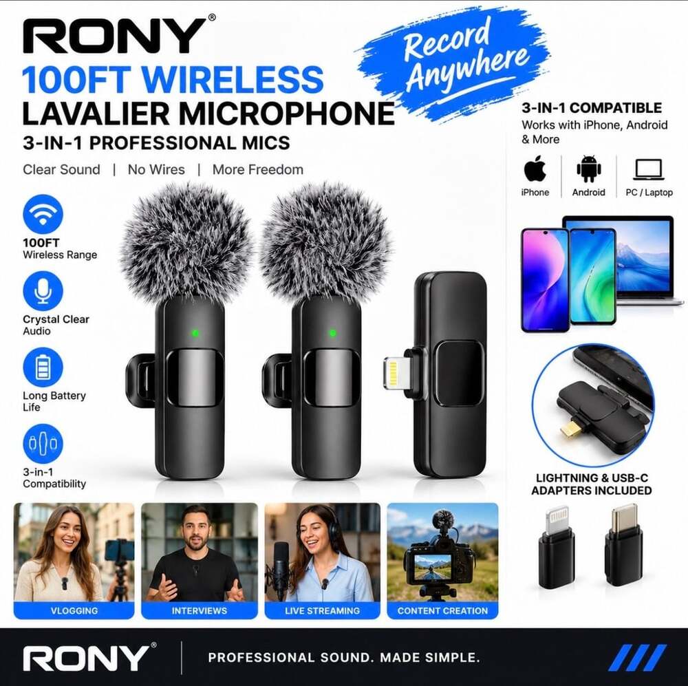 RONY 100FT Wireless Lavalier Microphone, 3-in-1 Professional Mics